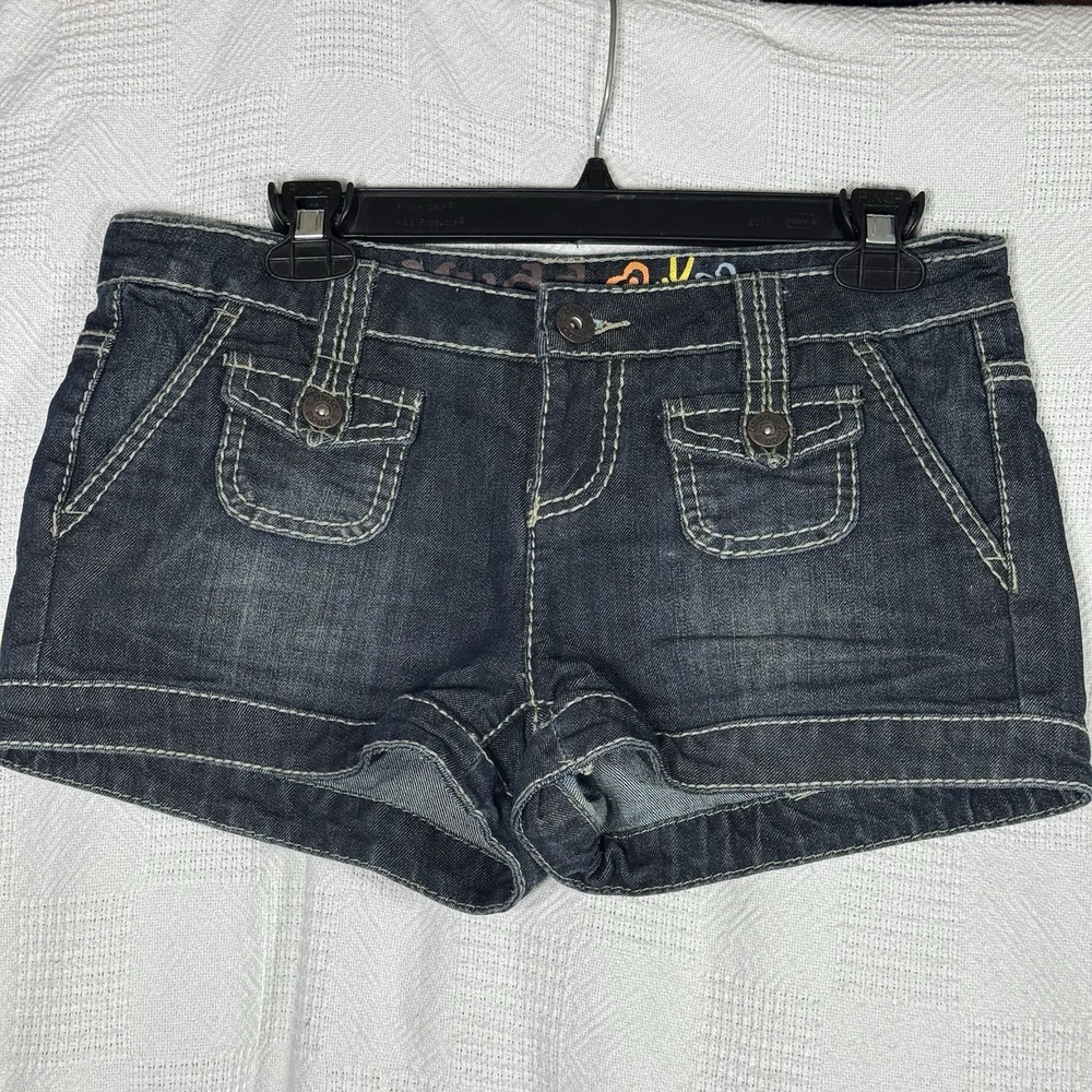 VTG Mudd Jean Shorts Size 9 Flap Pockets Stretch Y2K 2000s Dark Denim M.U.D.D.